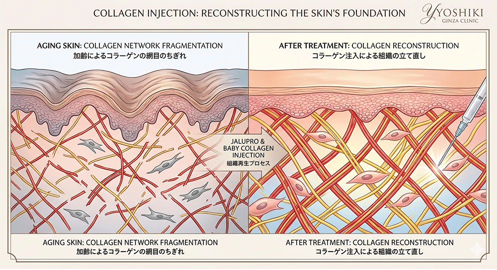 加齢によるコラーゲンの網目のちぎれとコラーゲン注入による組織の立て直し